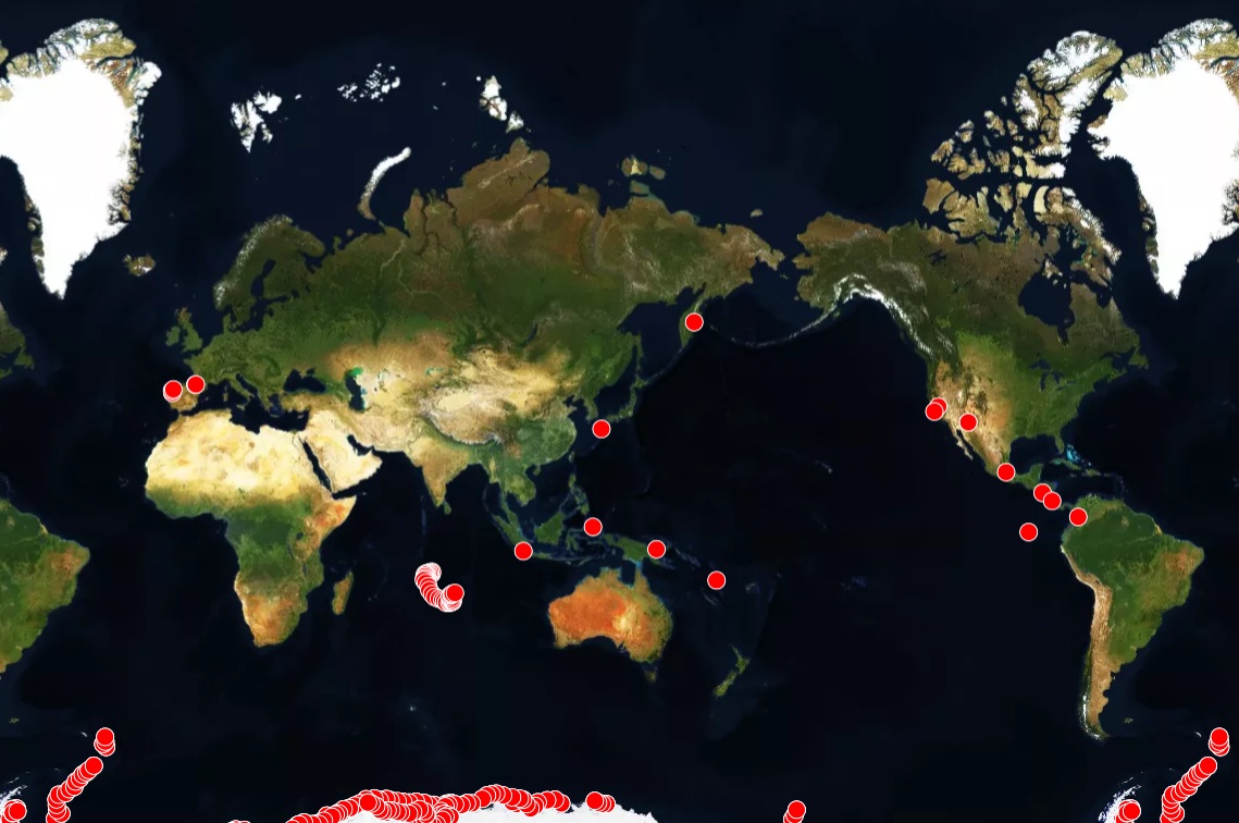 map of the earth showing current natural events